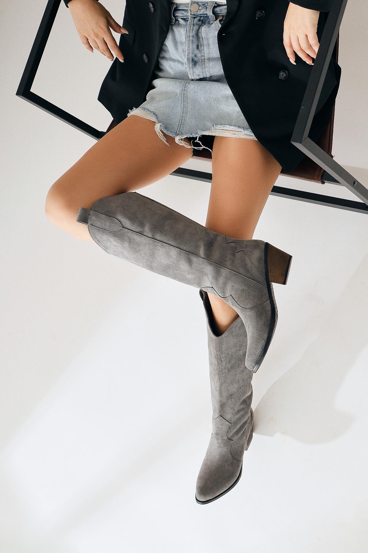Lhena – Gray Suede Western Pull-On Knee-High Boot (Women)