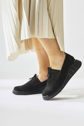 Bethina Black Suede Studded Laser Cut Women’s Ballet Flats