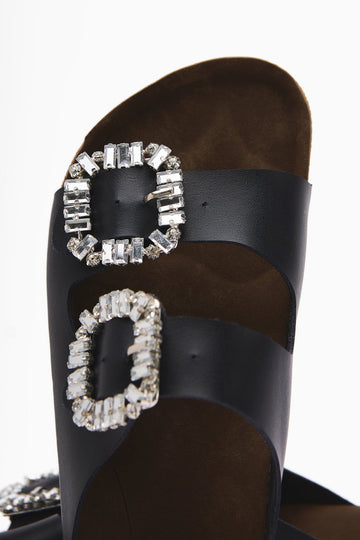 Brisa Navy Double Strap Embellished Buckle Detail Slippers