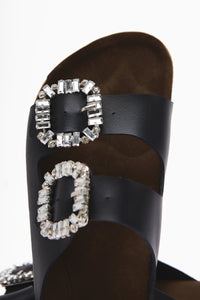 Brisa Navy Double Strap Embellished Buckle Detail Slippers