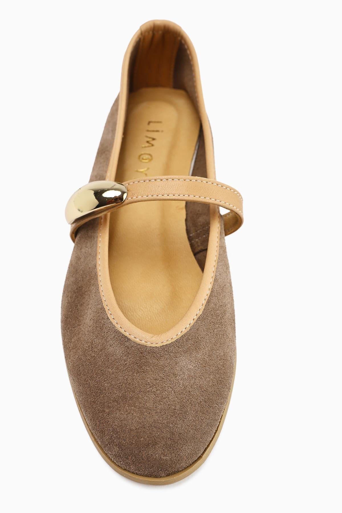 Aliana Genuine Leather – Taupe Suede Buckle-Detail Ballet Flat (Women)