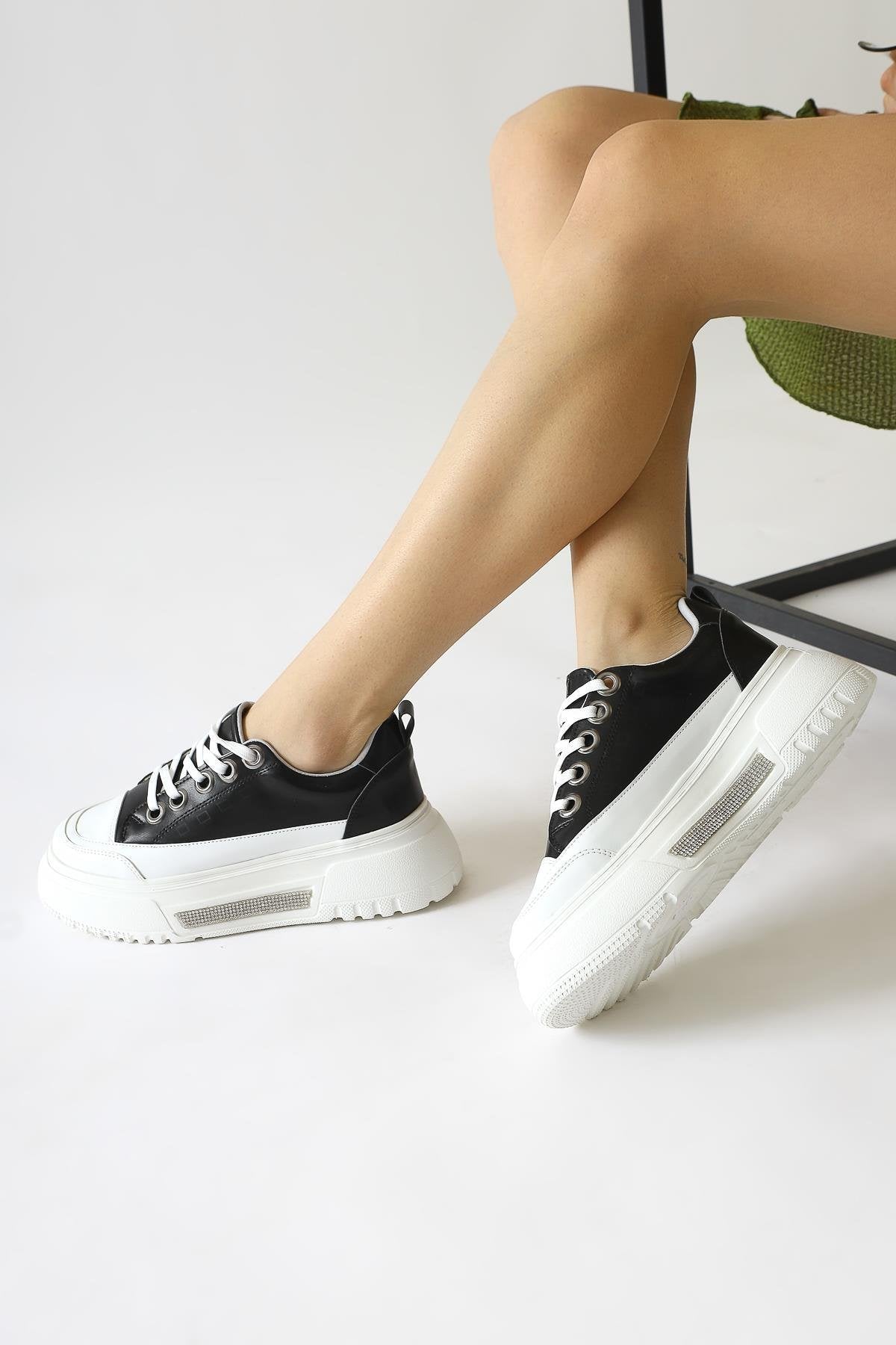 Rosella Black Thick Sole Stone Detailed Lace-up Sneakers