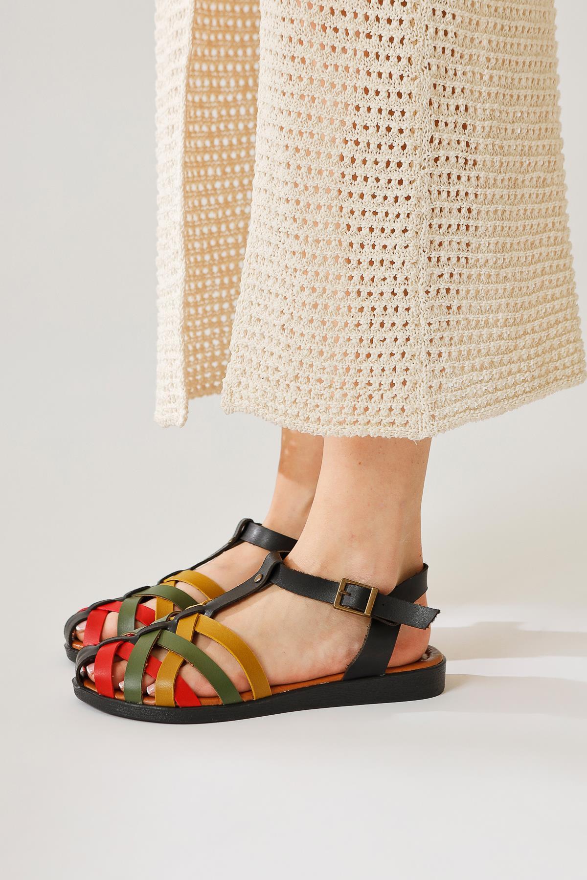 Agi Black Genuine Leather Cross Woven Strap Sandal