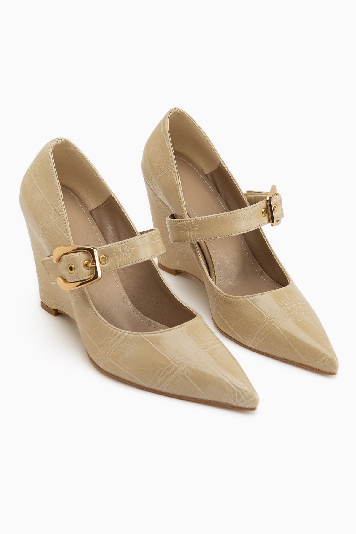 Jody Beige Buckle Detailed Pointed Toe Women’s Heeled Shoes
