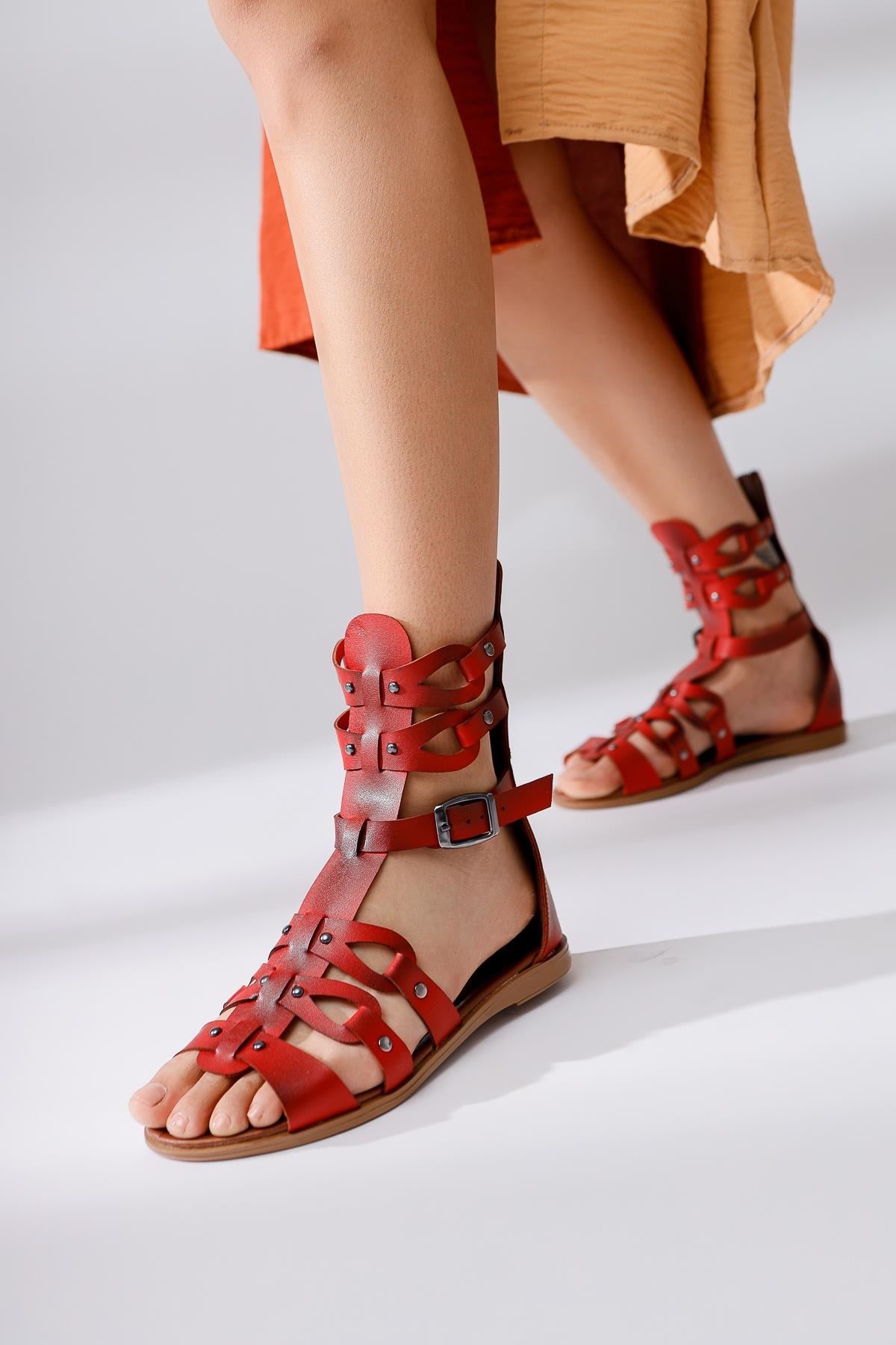 Georgina Genuine Leather Red Studded Gladiator Sandals