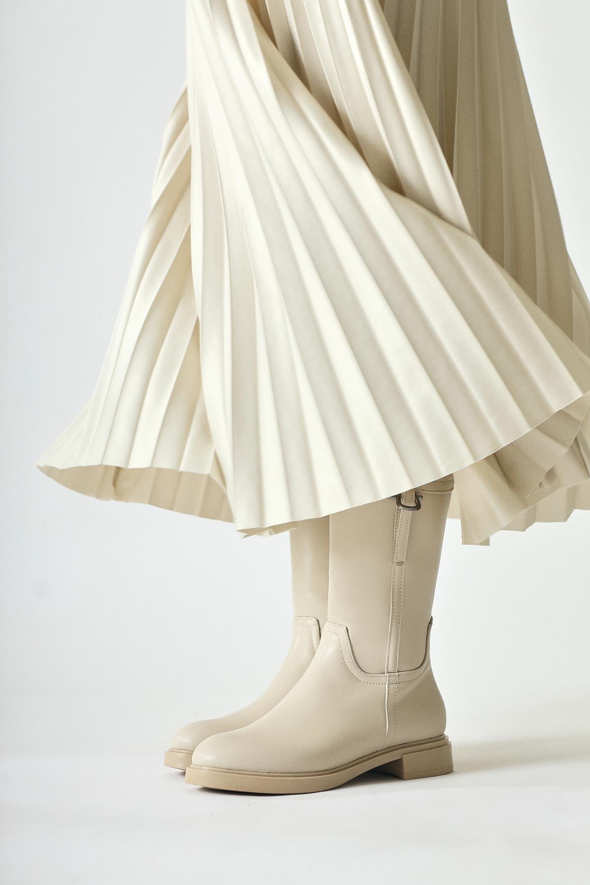 Caterine Beige Short Heeled Boot with Buckle Detail