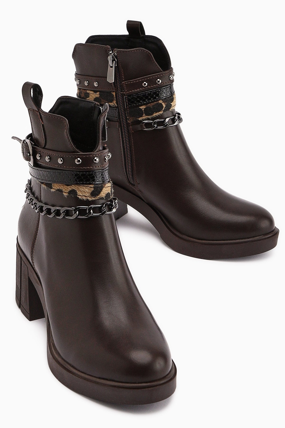 Anissa – Brown Chain-and-Belt-Detail Block Heel Boot (Women)