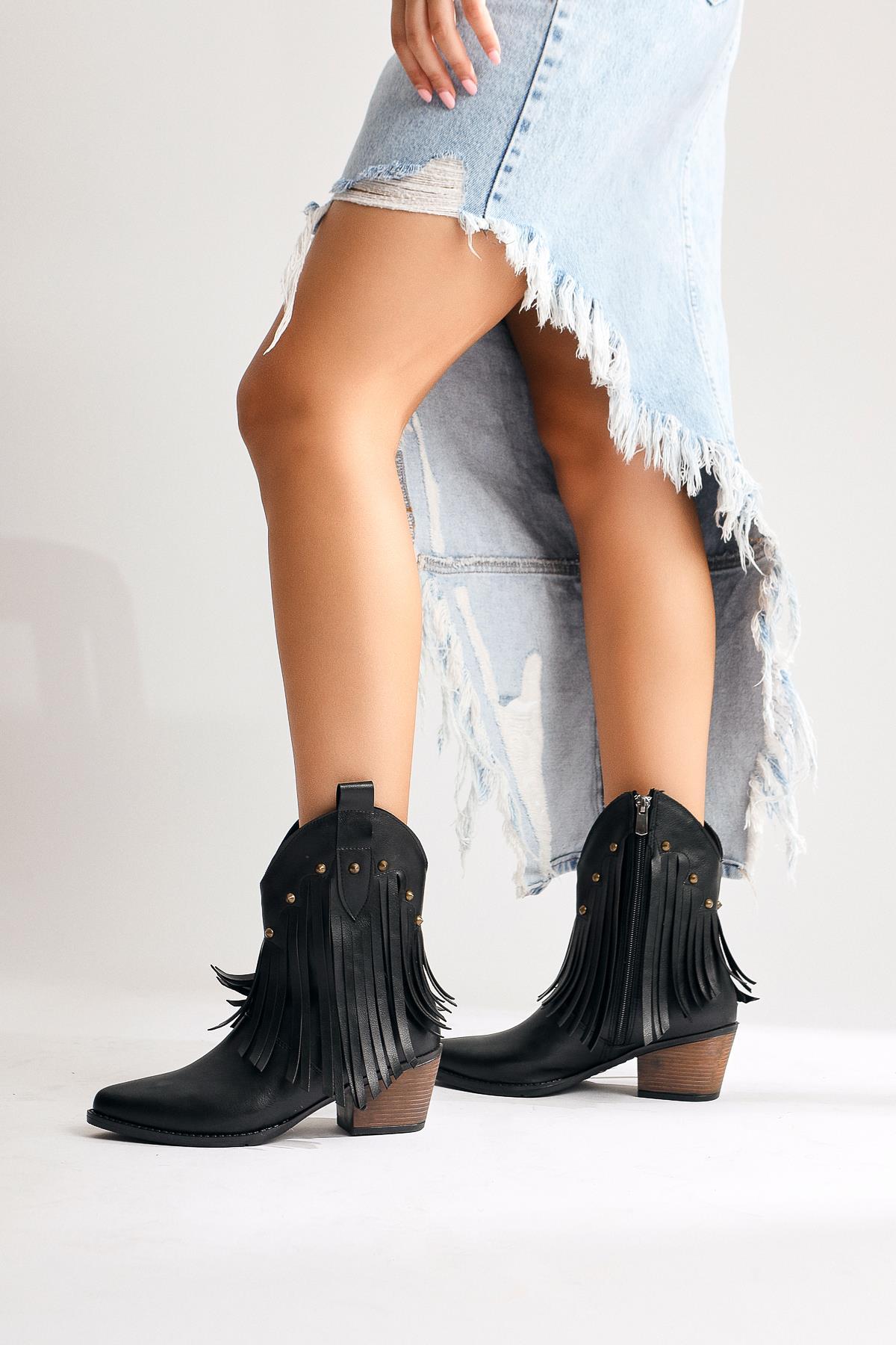 Lillebeth – Black Fringed Stud-Detail Western Boot (Women)