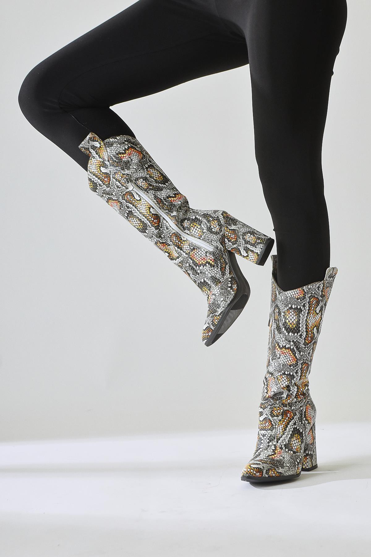 Keri Snake Print Asymmetric Cut Heeled Ankle Boot