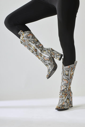 Keri Snake Print Asymmetric Cut Heeled Ankle Boot