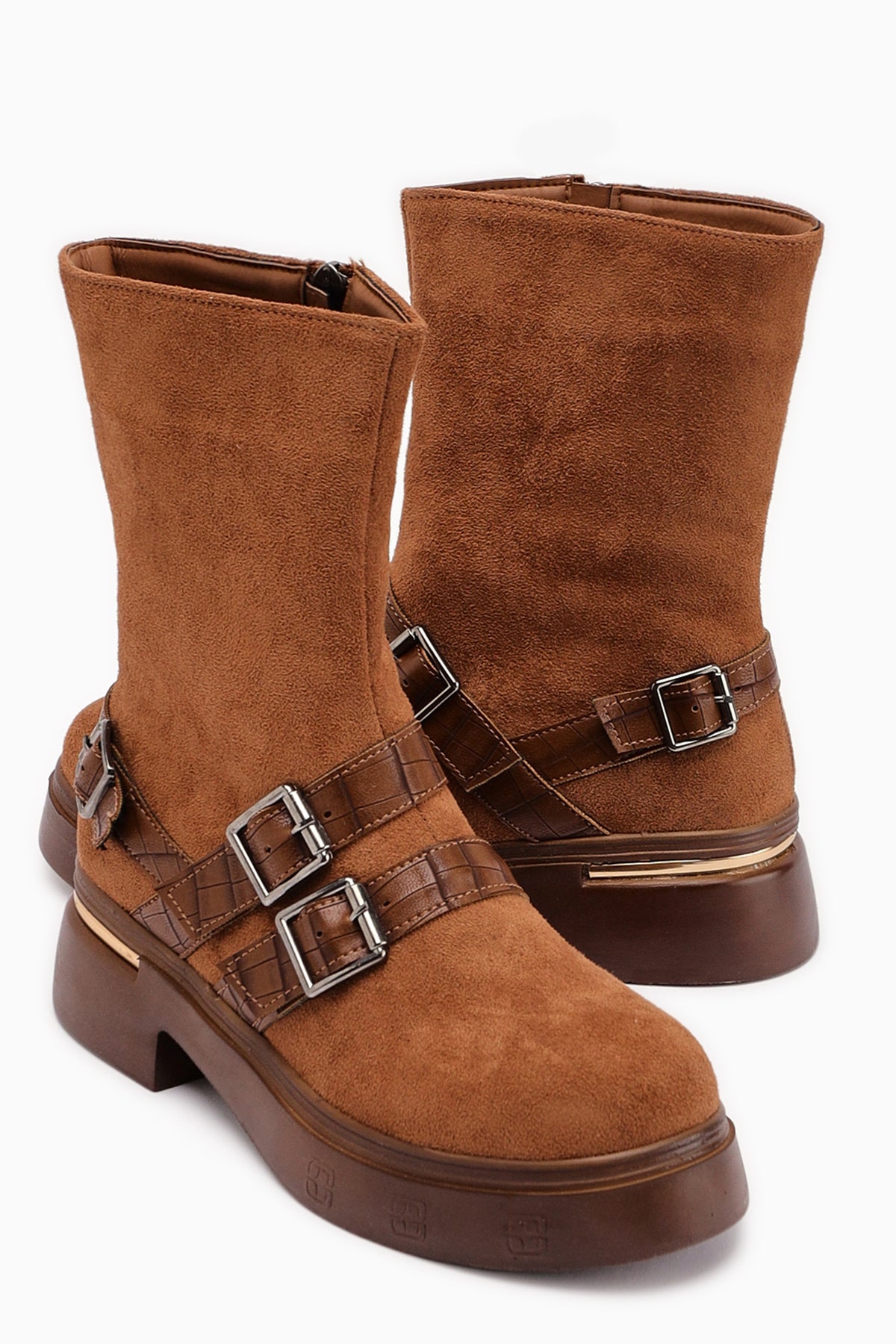 Mieke Tan Suede Double Buckle Zipper Women’s Boots