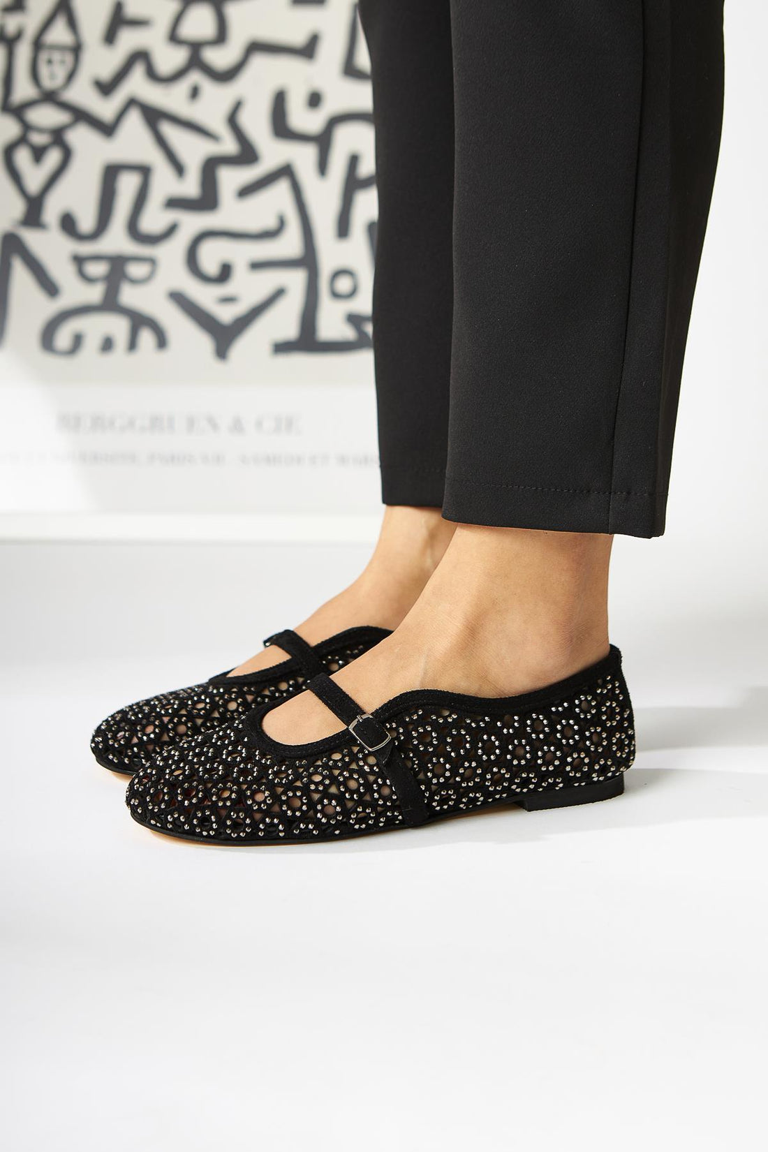 Nicki Black Suede Oval Toe with Perforated Stone Detail Single Strap Casual Women's Shoe