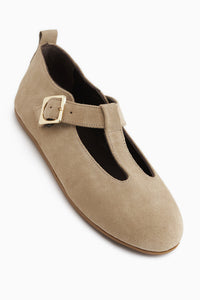Genuine Leather Beige Suede Belted Women’s Ballet Flats