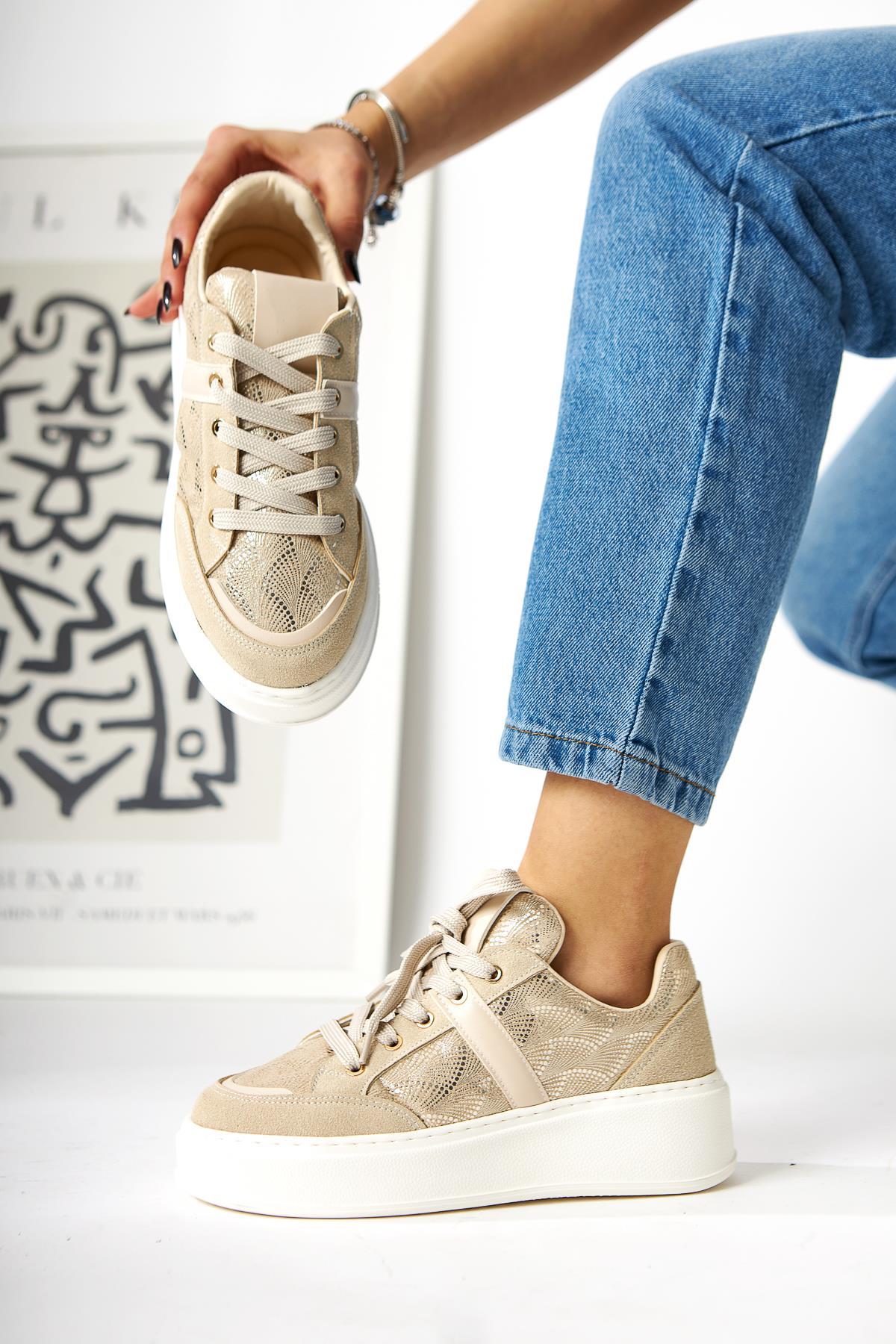 Julissa – Beige Suede Vegan Material Shiny-Patterned Thick Sole Sneaker (Women)
