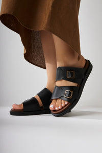 Soha – Black Leather-Look Double-Strap Flat Sole Slide (Women)