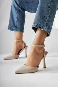 Lizbeth Beige Patent Closed-Toe Ankle-Tie Women's High Heels