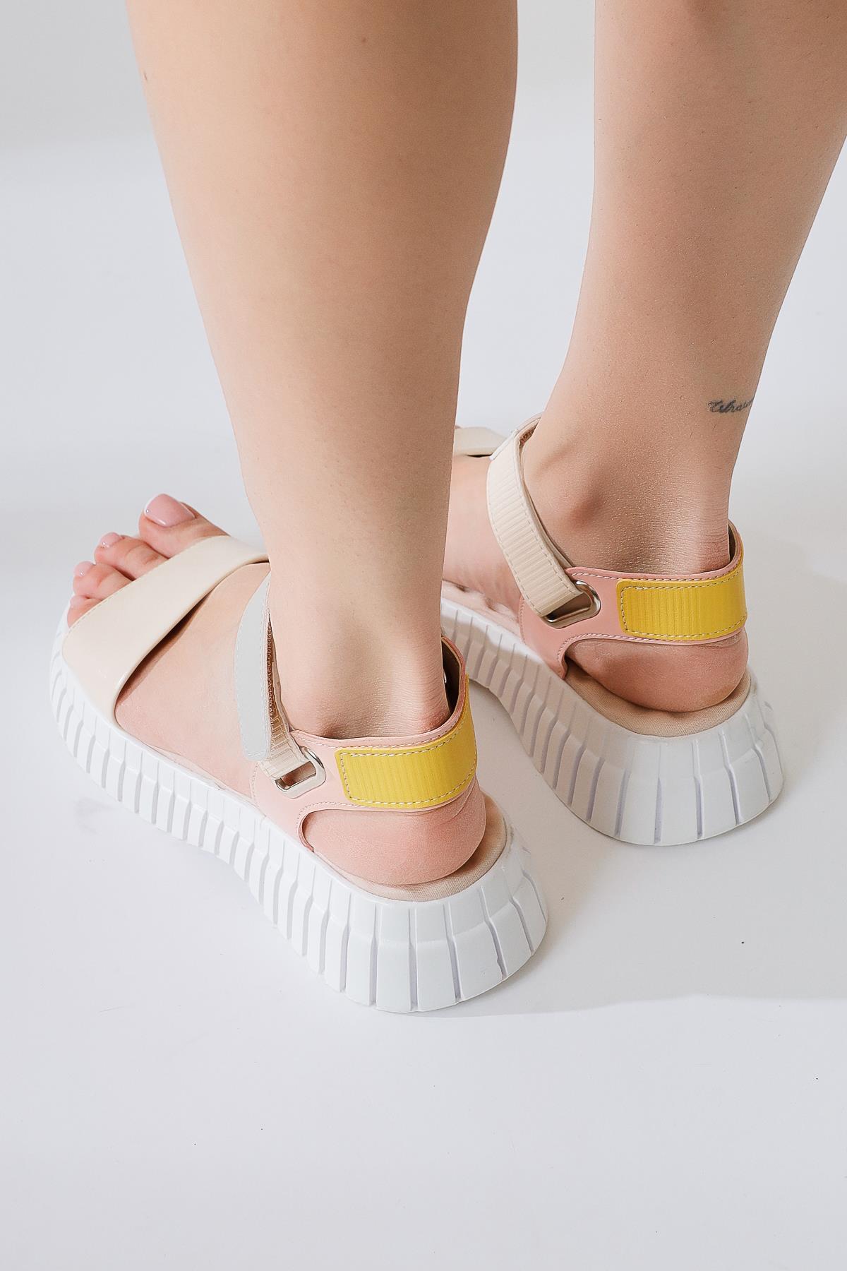 Jeny Beige Thick Strap Velcro Comfort Sole Sandals