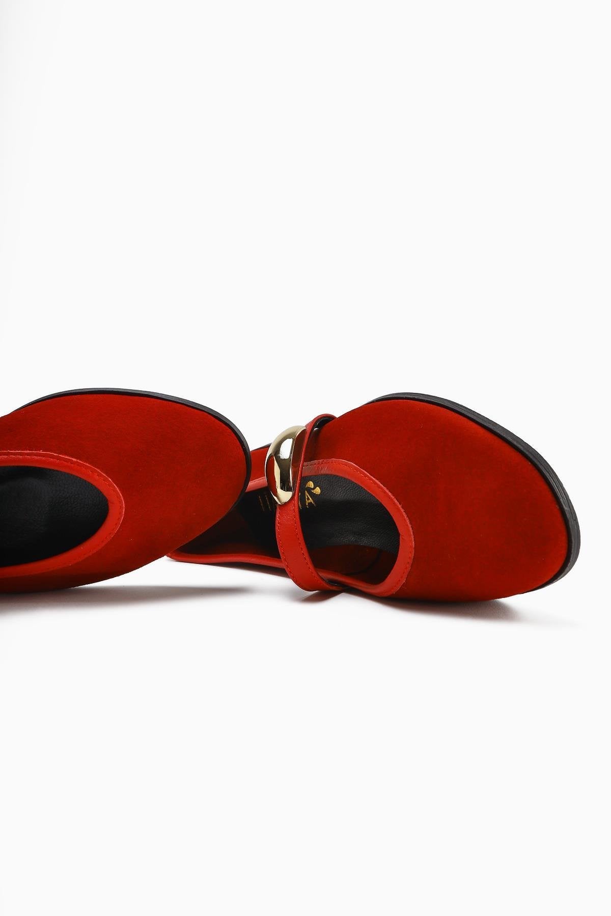 Aliana Genuine Leather – Red Suede Buckle-Detail Ballet Flat (Women)