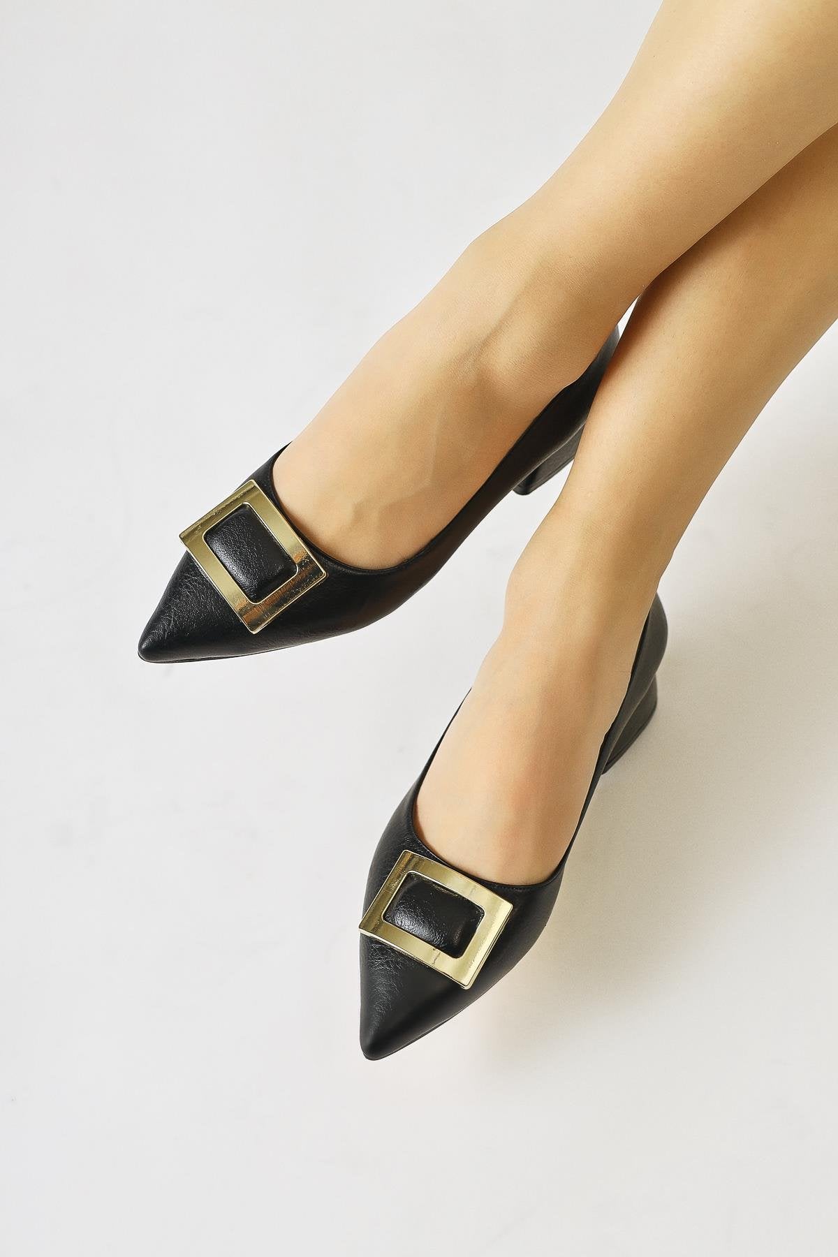 Charoline Black Buckled Short Heeled Pointed Toe Shoes
