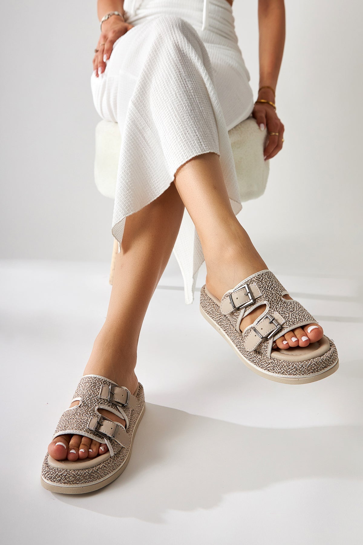 Madina – Beige Double-Strap Belted Slide (Women)