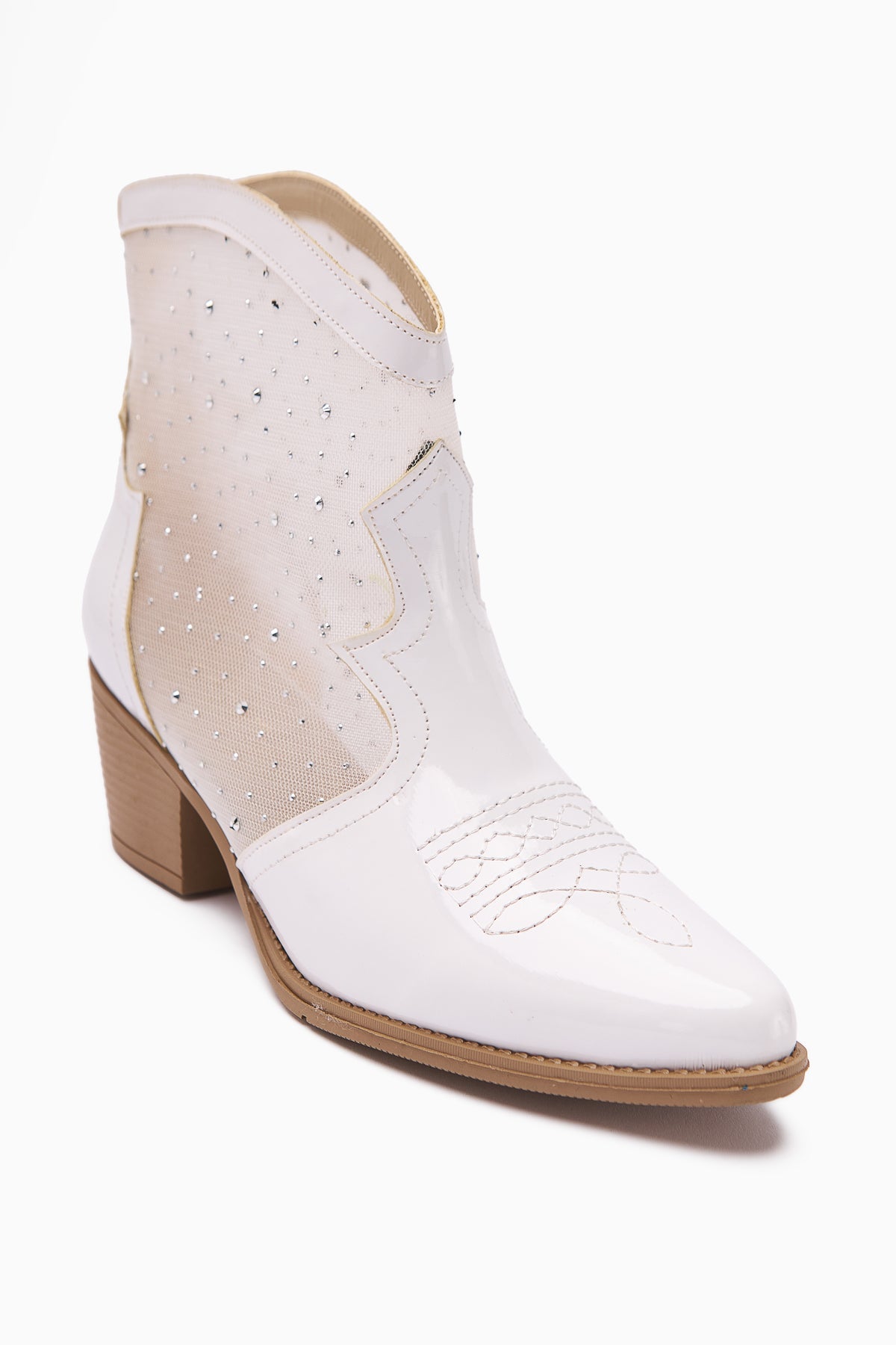 Rudi – White Patent Embroidered Western Jeweled Summer Ankle Boot (Women)