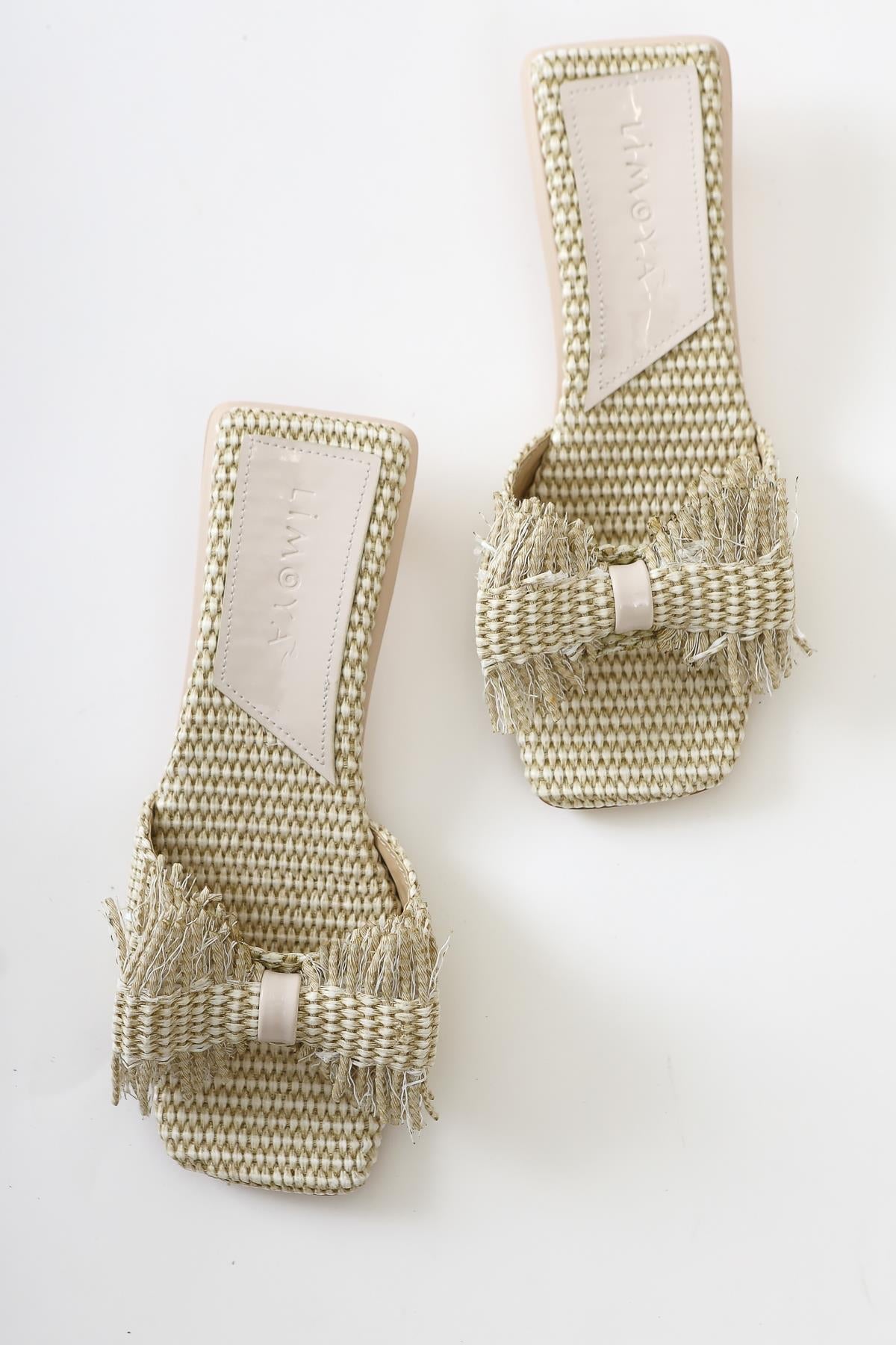 Tonka Beige Straw Bow Strap Low Heel Sandals