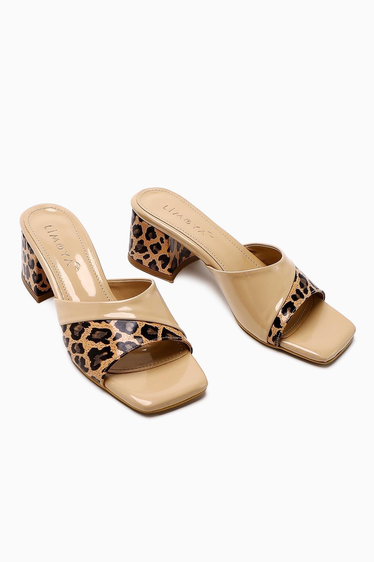 Morena Beige Patent Leather Low Heeled Slipper with Leopard Detail