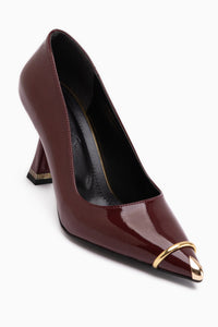 Lelia Burgundy Patent Leather Metal Tip Detailed Women’s Heeled Shoes