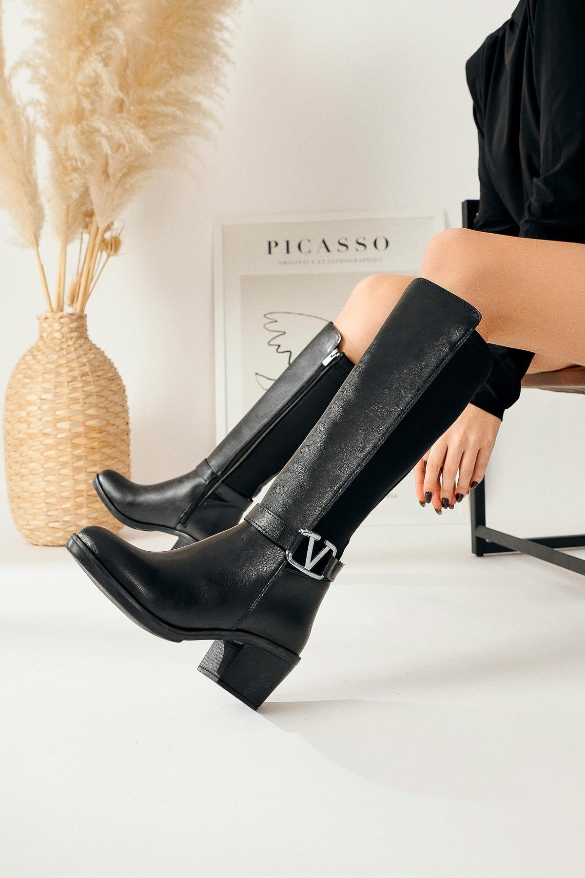 Sayna – Black Scuba-Fabric-Detail Flexible-Shaft Knee-High Boot (Women)