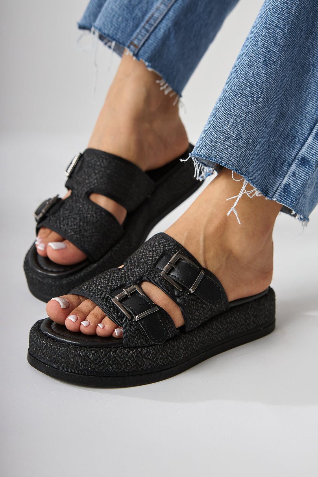 Madina Black Double-Strap Belted Women's Slippers