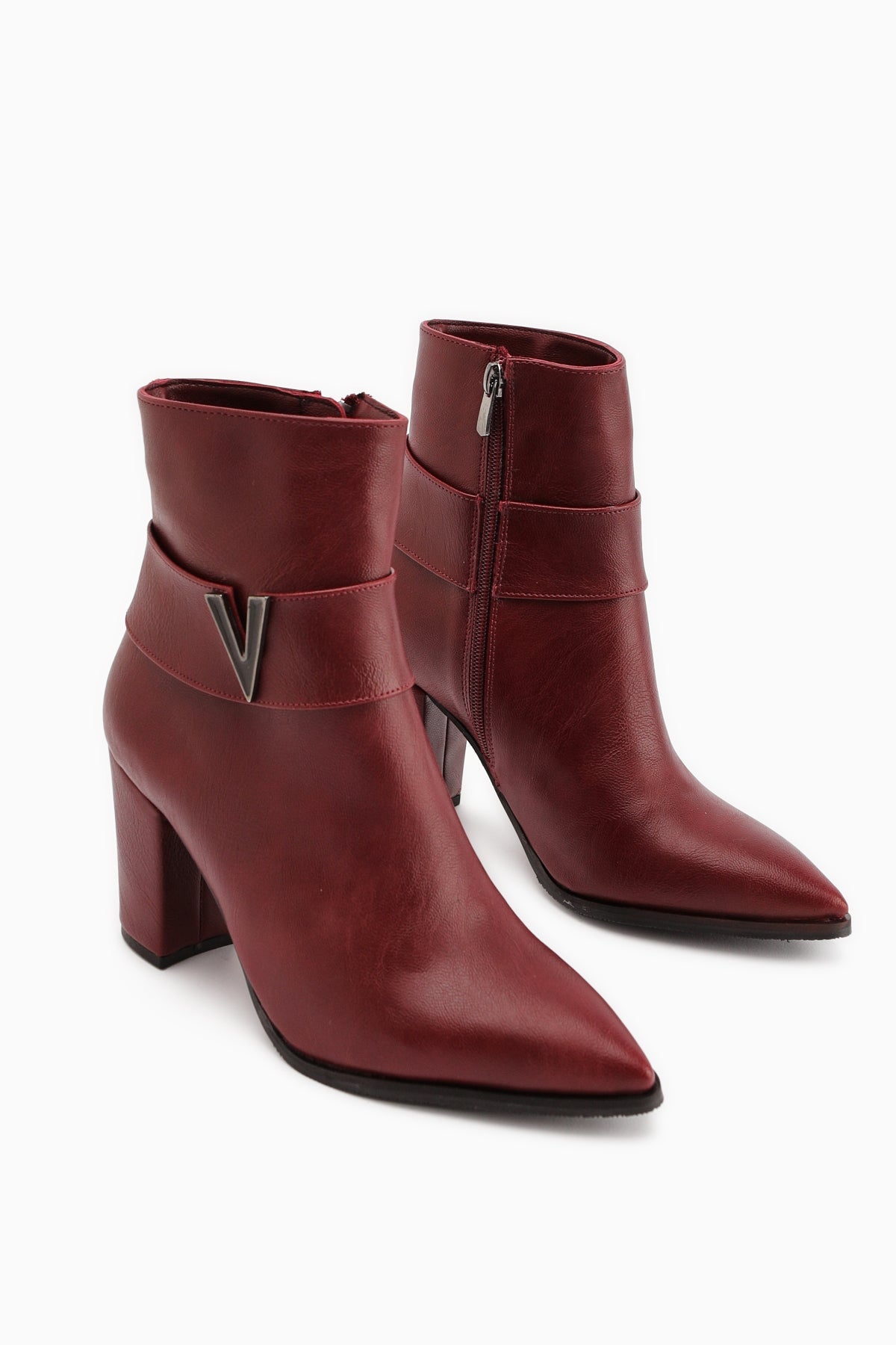 Elvia Burgundy Buckled Chunky Heel Boots