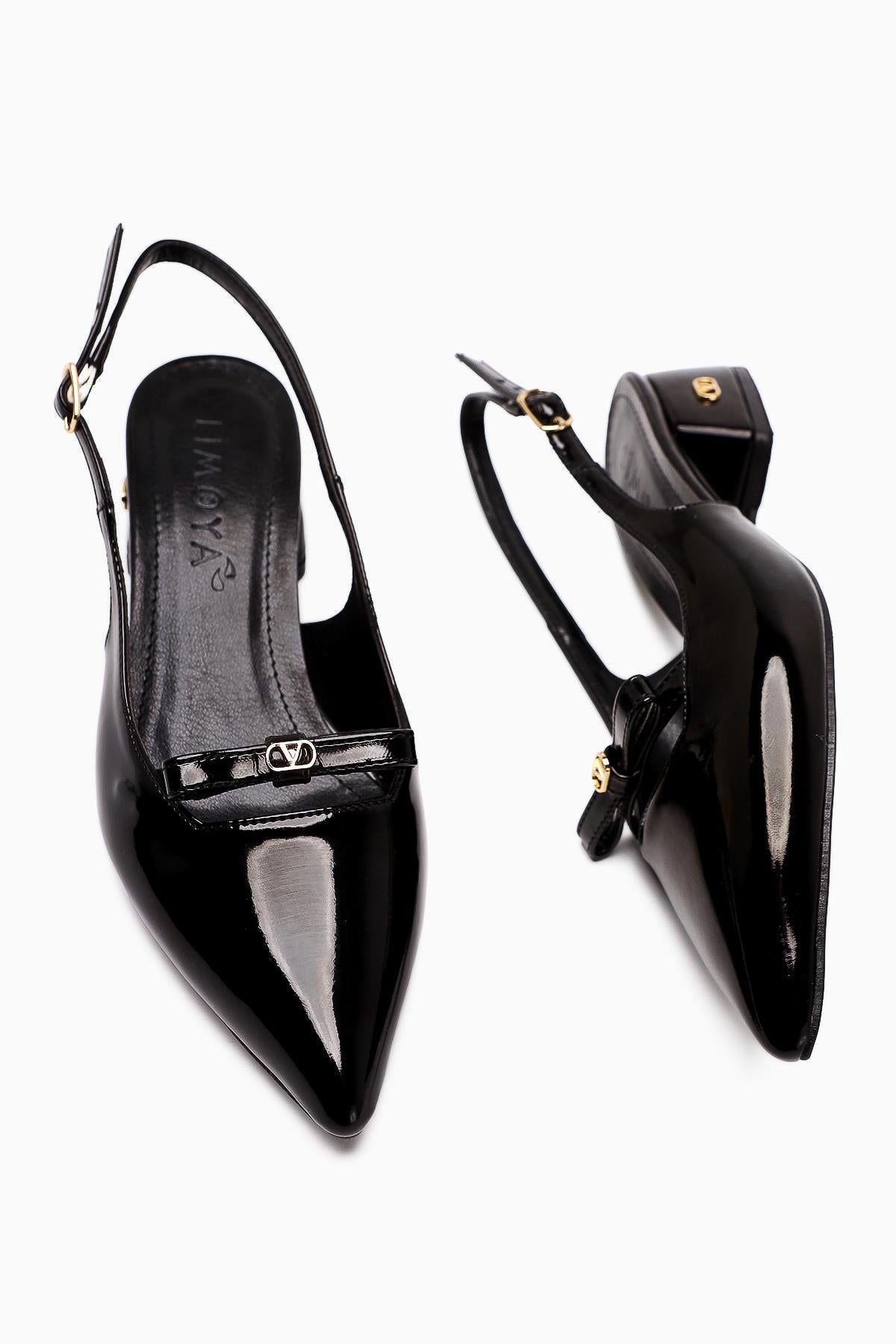 Sevy Black Patent Buckle Detailed Women’s Short Heeled Shoes
