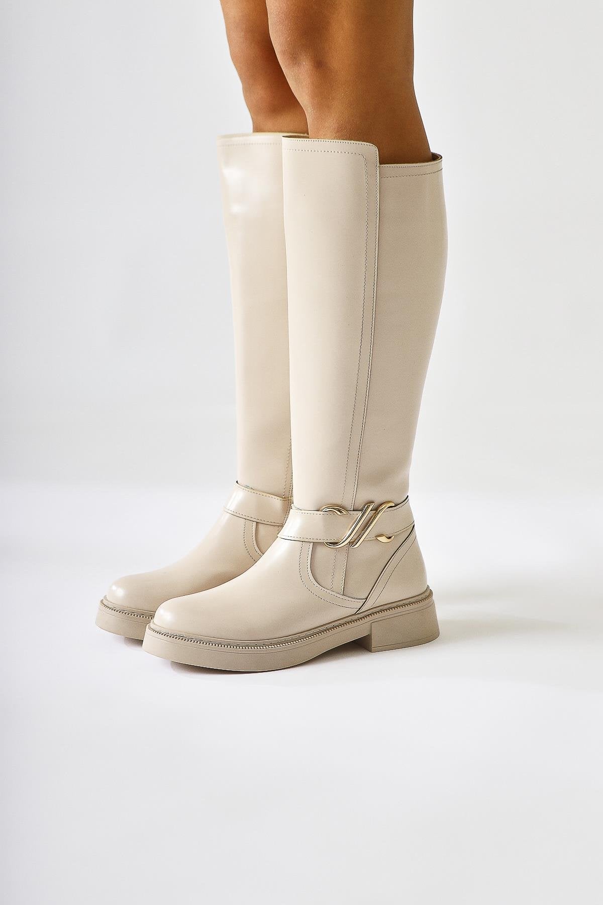 Birgita Beige Buckle-Detailed Zippered Boot