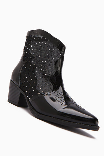 Rudi – Black Embroidered Western Stone-Embellished Summer Patent Vegan Material Boot (Women)