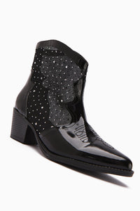 Rudi – Black Embroidered Western Stone-Embellished Summer Patent Vegan Material Boot (Women)