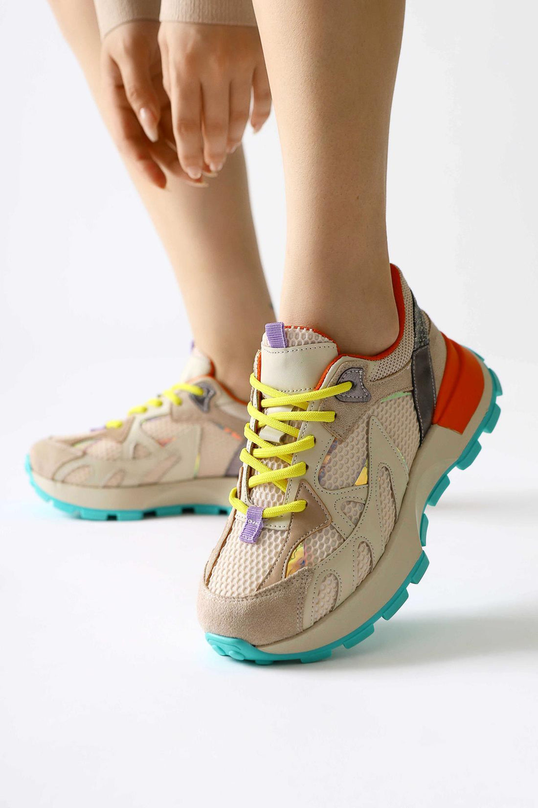 Moe Beige Lace-Up Sneakers with Mesh Detail