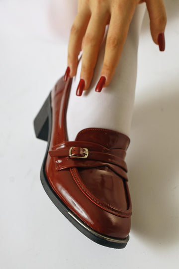 Luba Burgundy Patent Leather Buckle Detailed Low Heel Everyday Shoe