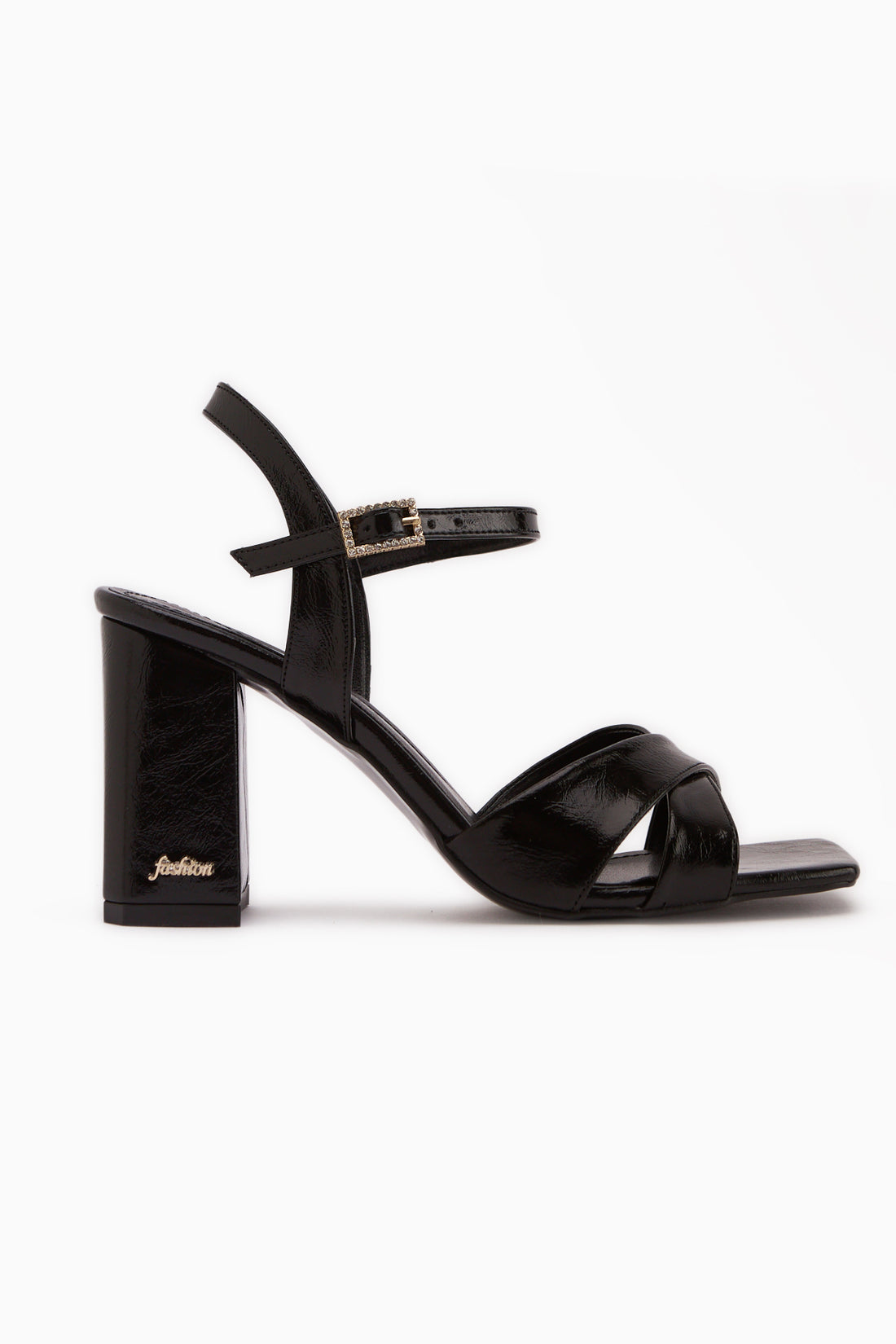 Lean Black Cross Strap Thick Heeled Women’s Sandal