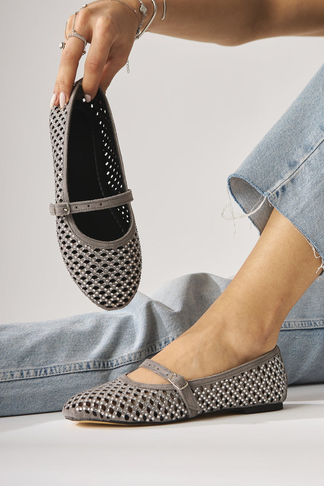 Nicole Gray Suede Oval Toe Perforated Stone Detailed Single Strap Casual Women's Shoes