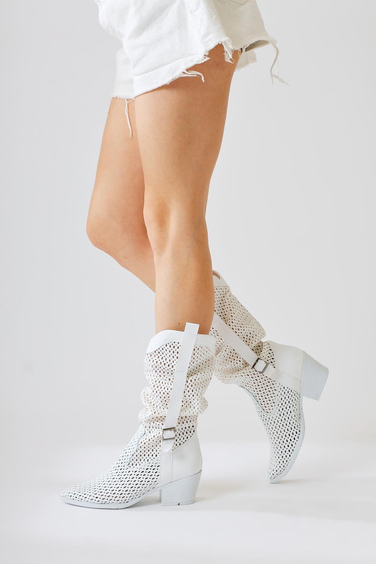 Orietta White Laser Cut Flared Summer Boots