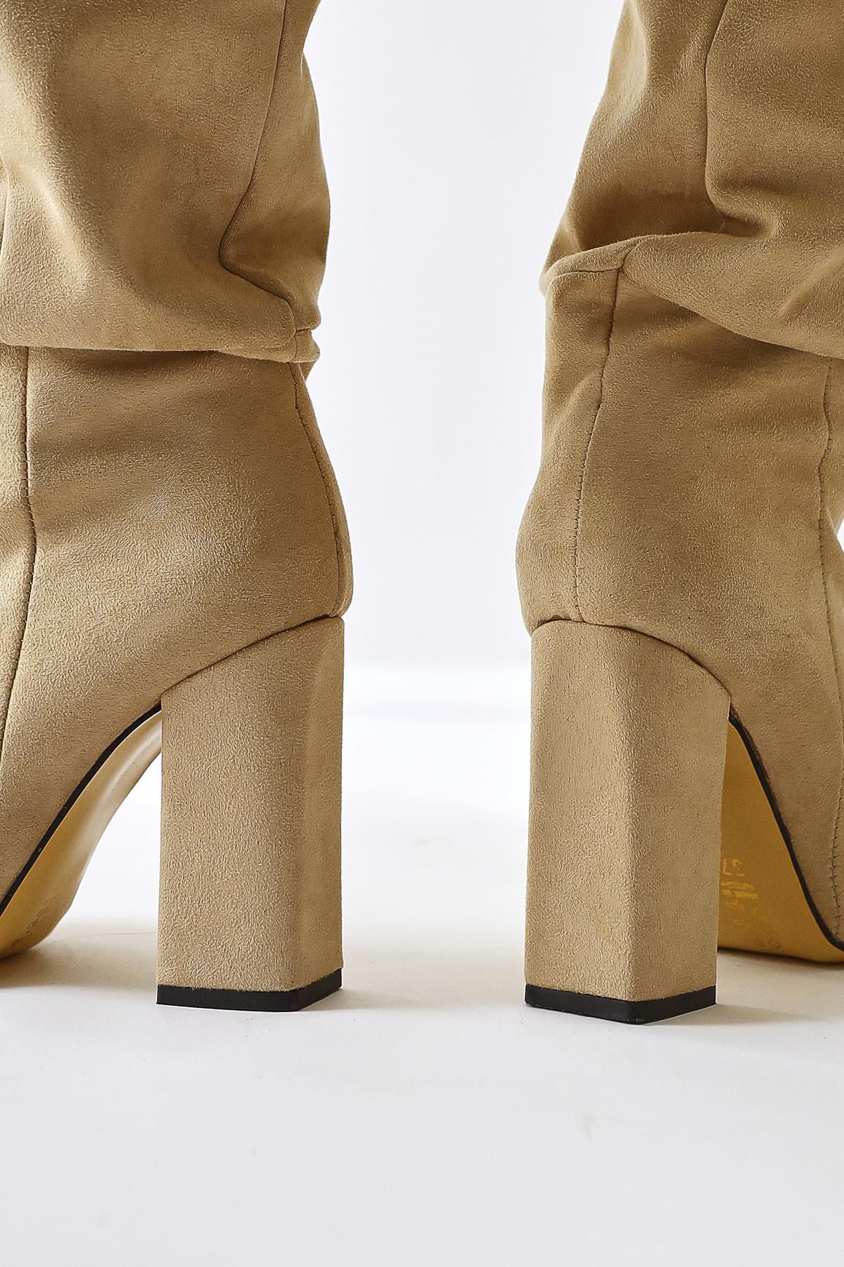 Loren Beige Suede Pointed-Toe High-Heeled Knee Boots