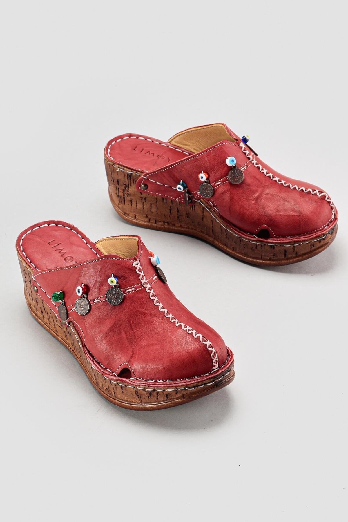 Annika Genuine Leather – Burgundy Antique Detail Wedge Clog Slide (Women)