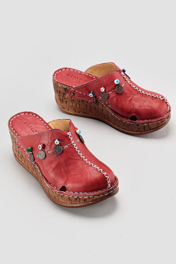 Annika Genuine Leather – Burgundy Antique Detail Wedge Clog Slide (Women)