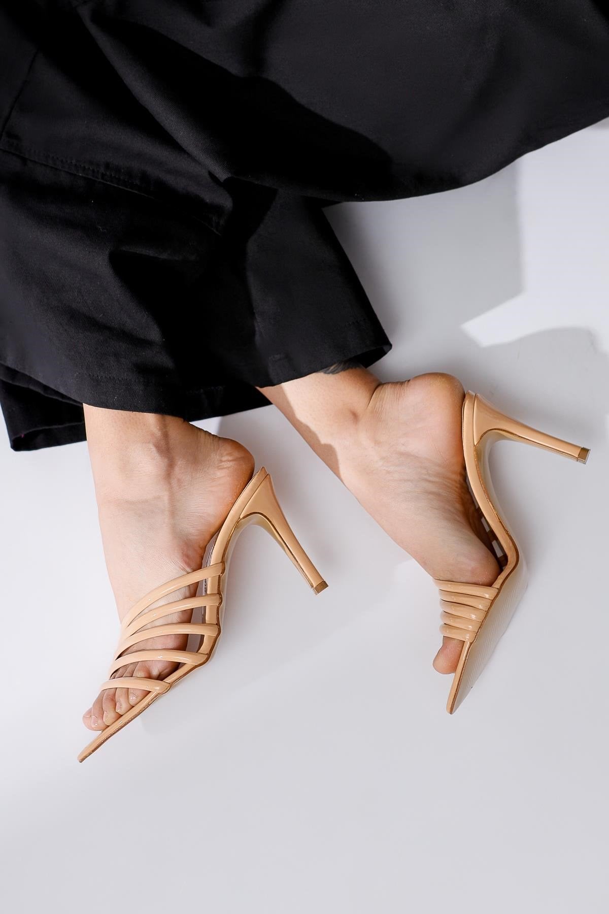 Margie Nude Asymmetric Strap Heeled Slippers