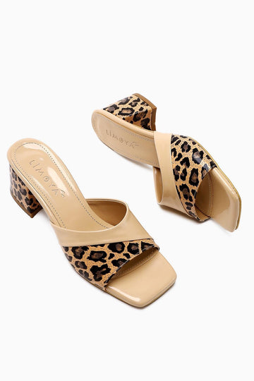 Morena Beige Patent Leather Low Heeled Slipper with Leopard Detail