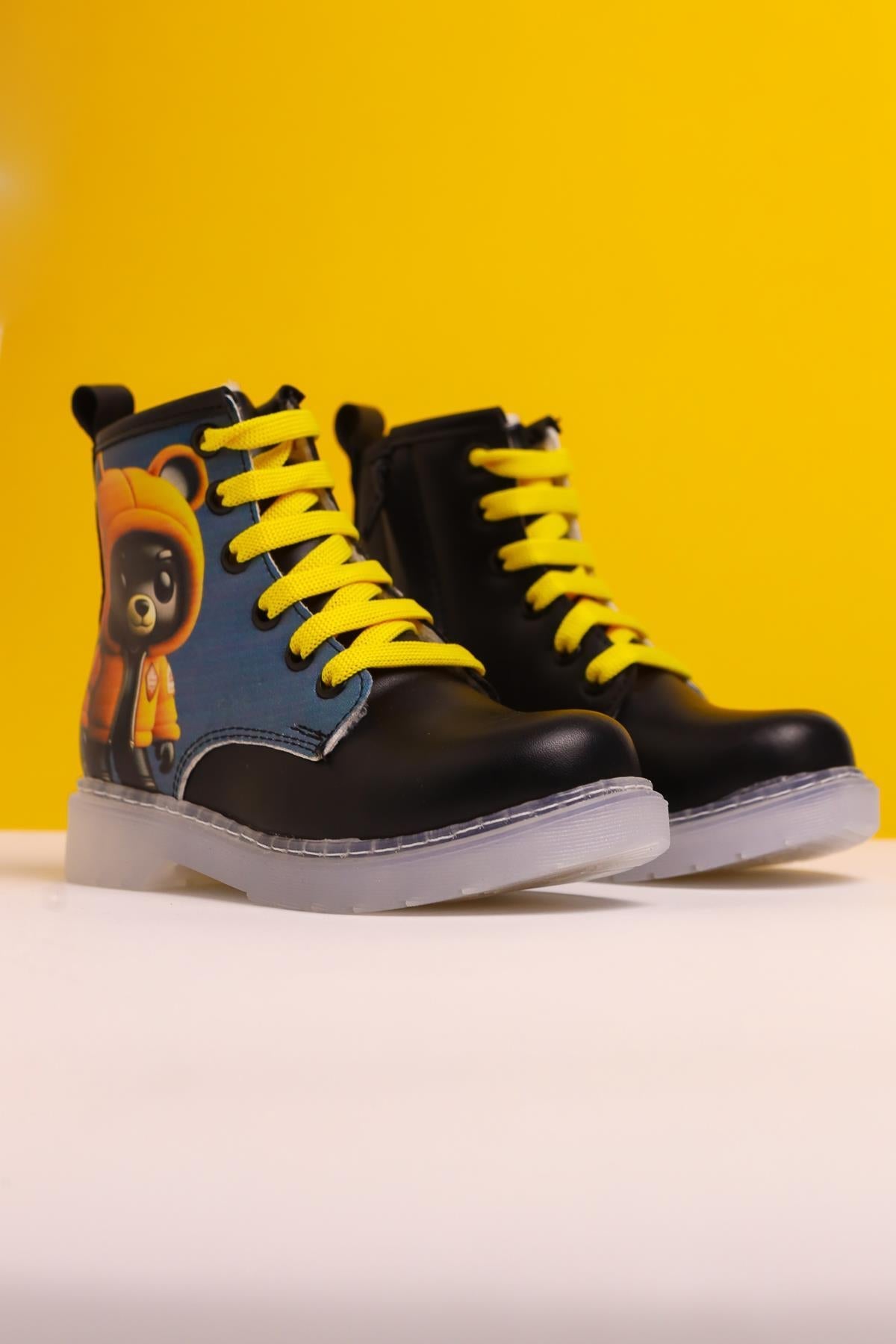 Lisha Black Striped Character Print Lace-Up Kids Boots