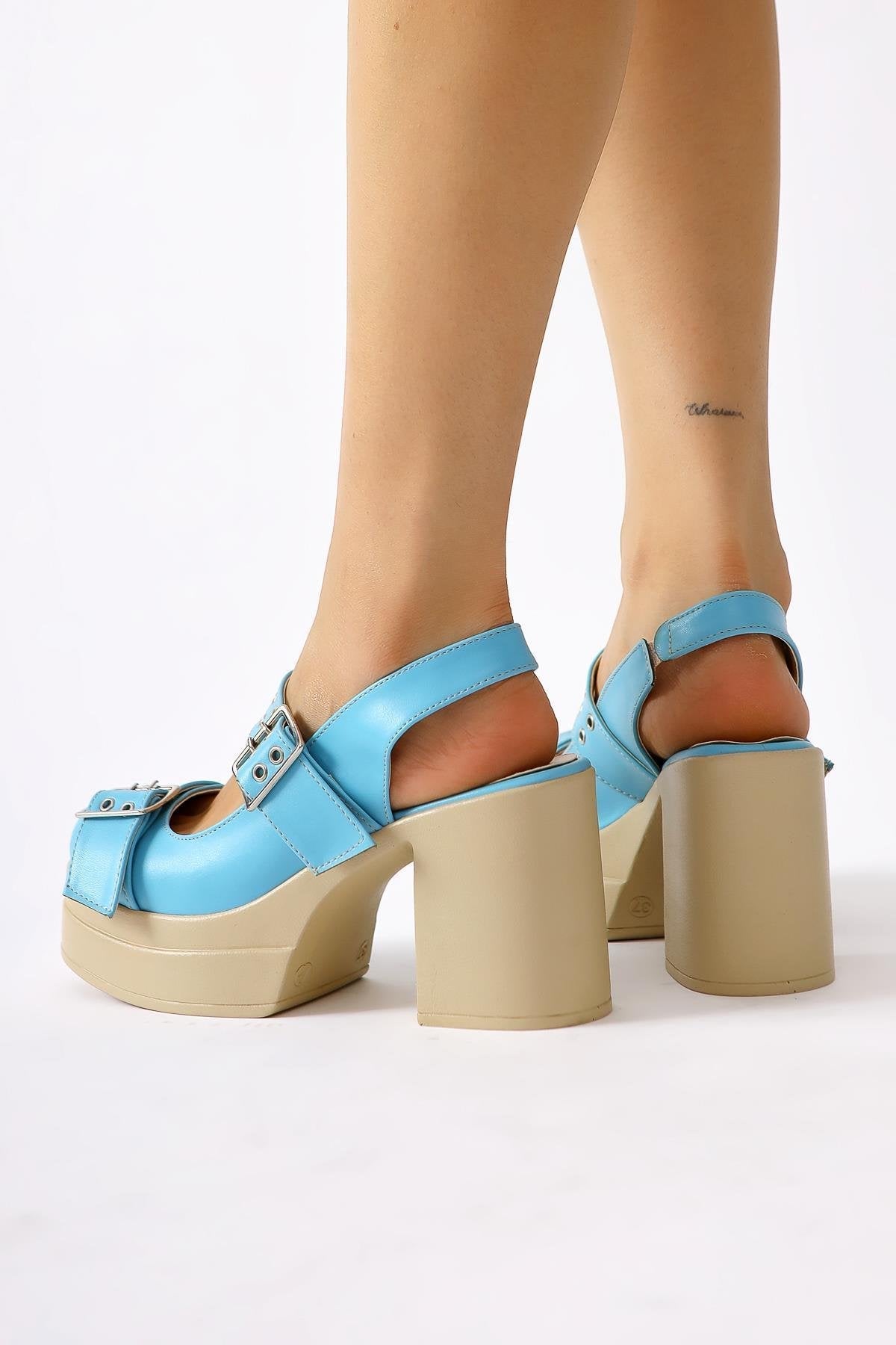 Marise – Blue Oval-Toe Platform Double-Strap Accessorized Shoe (Women)