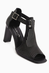 Monica Genuine Leather Black Buckled Thick Heeled Women’s Shoes