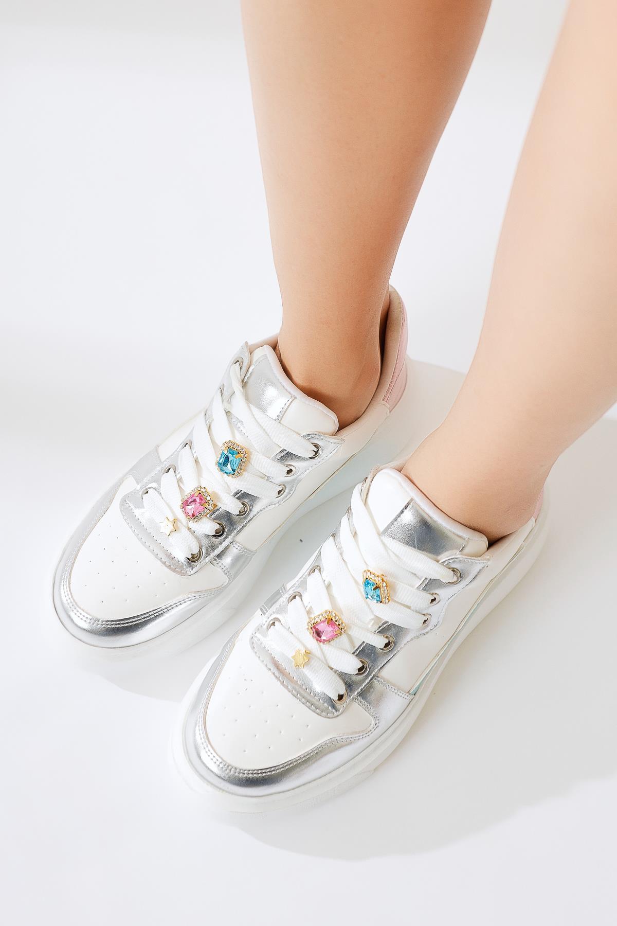 Deena White Thick-Soled Sneakers with Stone Detail