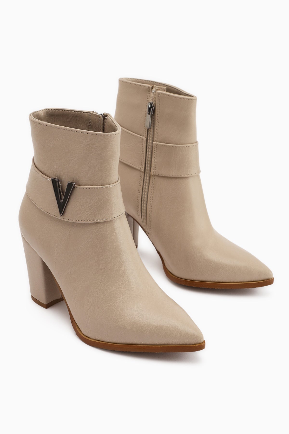 Elvia Beige Buckled Chunky Heel Boots